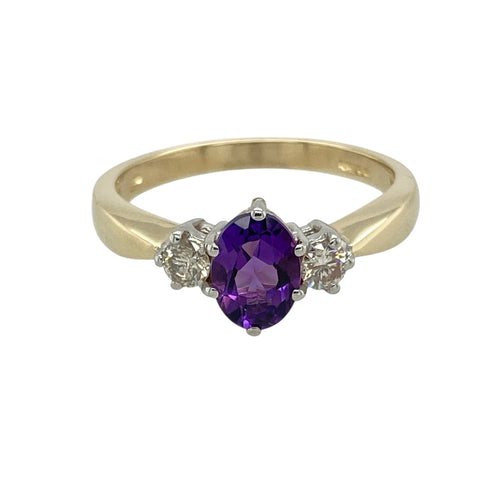 9ct Gold Diamond & Amethyst Set Trilogy Ring