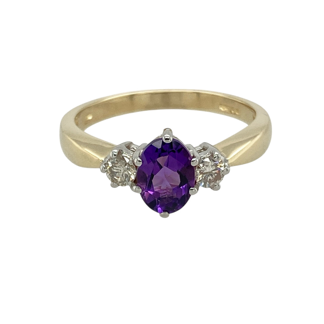9ct Gold Diamond & Amethyst Set Trilogy Ring