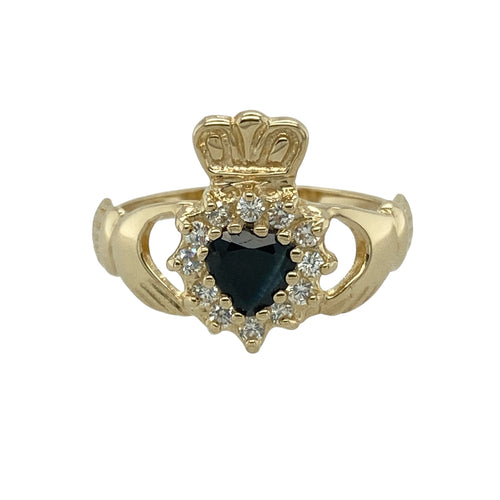 9ct Gold Sapphire & Cubic Zirconia Set Claddagh Ring