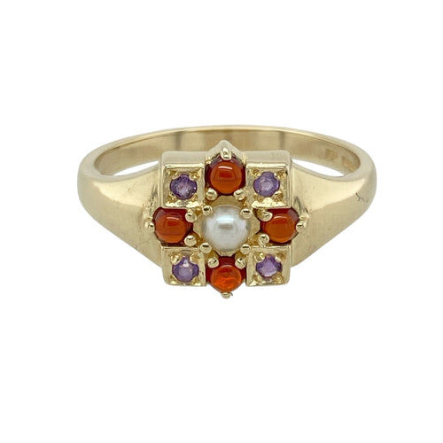 9ct Gold Seed Pearl Garnet & Amethyst Set Patterned Ring