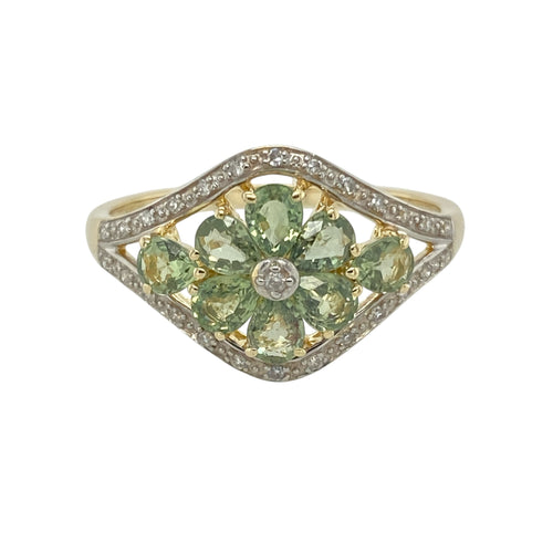 9ct Gold Diamond & Green Alexandrite Set Flower Ring