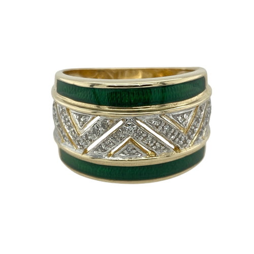 9ct Gold & Diamond Green Enamel Zig Zag Wide Band Ring