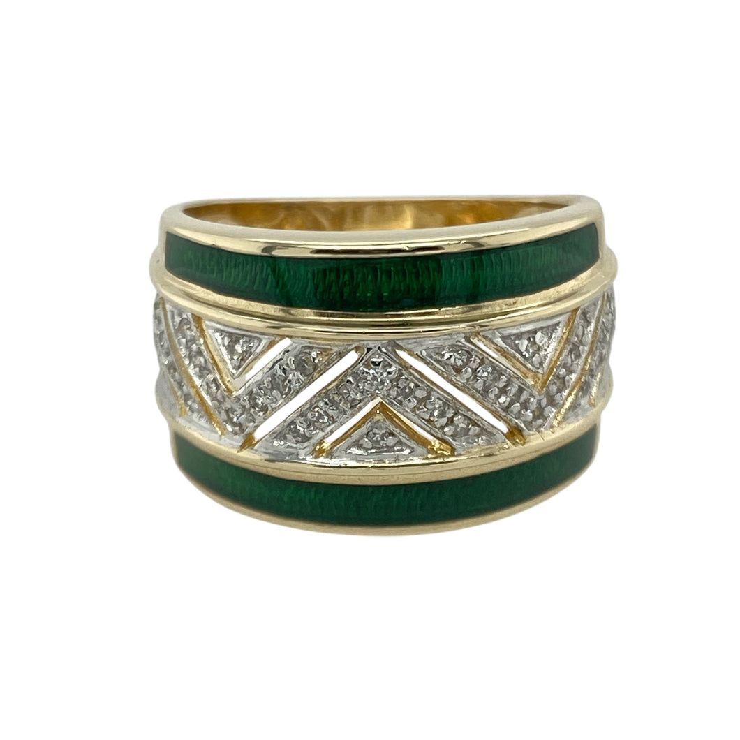 9ct Gold & Diamond Green Enamel Zig Zag Wide Band Ring