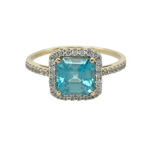 9ct Gold Diamond & Blue Topaz Set Halo Ring