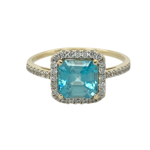 9ct Gold Diamond & Blue Topaz Set Halo Ring