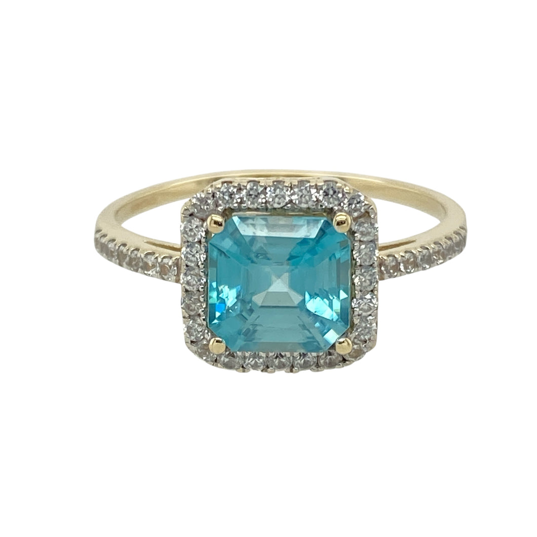 9ct Gold Diamond & Blue Topaz Set Halo Ring