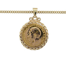 Load image into Gallery viewer, Bring historical value and timeless elegance to your collection with this pre-owned 9ct gold mount pendant featuring a 22ct gold 1913 King George V half sovereign coin, presented on an 18&quot; curb chain—perfect for collectors or those with a taste for classic luxury.

Design: The pendant measures 3.4cm long including the bail and features a 22ct gold half sovereign coin dated 1913, depicting King George V. The coin is set in a decorative 9ct gold rope-style edge mount, offering vintage charm and regal detail.

