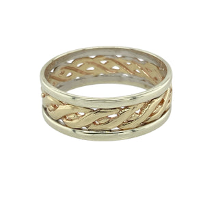 Celebrate heritage and timeless design with this pre-owned 9ct yellow and white gold Celtic band ring—perfect for meaningful style with a bold, symbolic touch.

Design: The ring features a 7mm wide band with an intricate white gold Celtic knot pattern set into a yellow gold base, representing eternity and interconnectedness.
Material: Made from 9-carat yellow and white gold, the polished finish enhances the contrast between metals and highlights the woven design.
