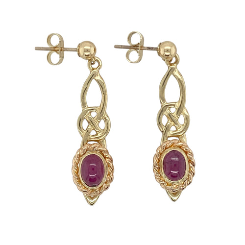 9ct Gold & Ruby Cabochon Set Clogau Celtic Knot Drop Earrings