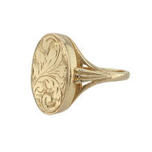 Load image into Gallery viewer, Add vintage charm and hidden sentiment to your collection with this pre-owned 9ct yellow gold patterned oval locket ring—perfect for unique styling with a personal touch.

Design: The ring features a 2cm high oval locket-style front with intricate patterning, offering both decorative appeal and a concealed space for a keepsake.
Material: Made from 9-carat yellow gold, the polished finish enhances the ornate detailing and gives the piece a warm, classic glow.


