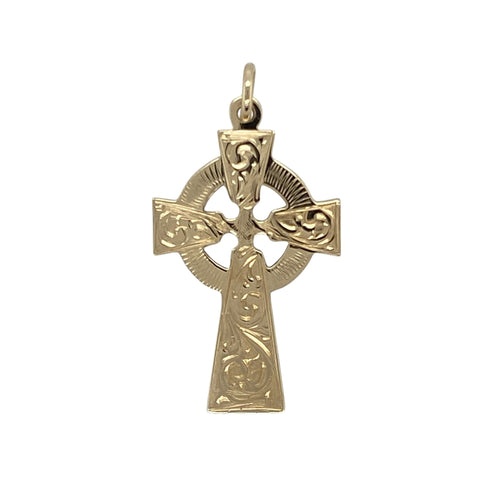 9ct Gold Patterned Engraved Celtic Cross Pendant