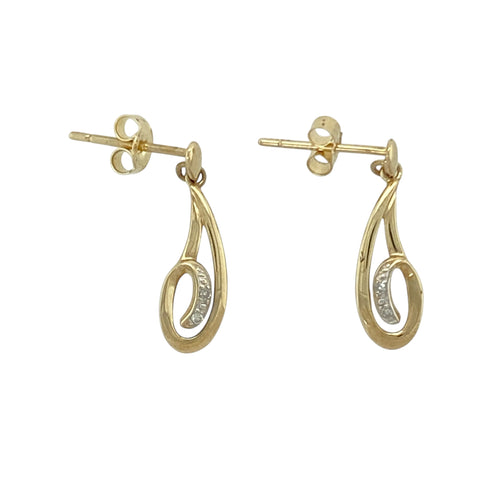 9ct Gold & Diamond Swirl Drop Earrings