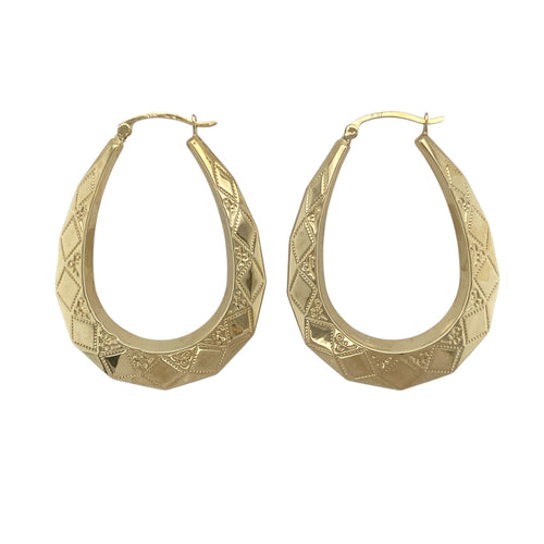 9ct Gold Patterned Oval Creole Earrings