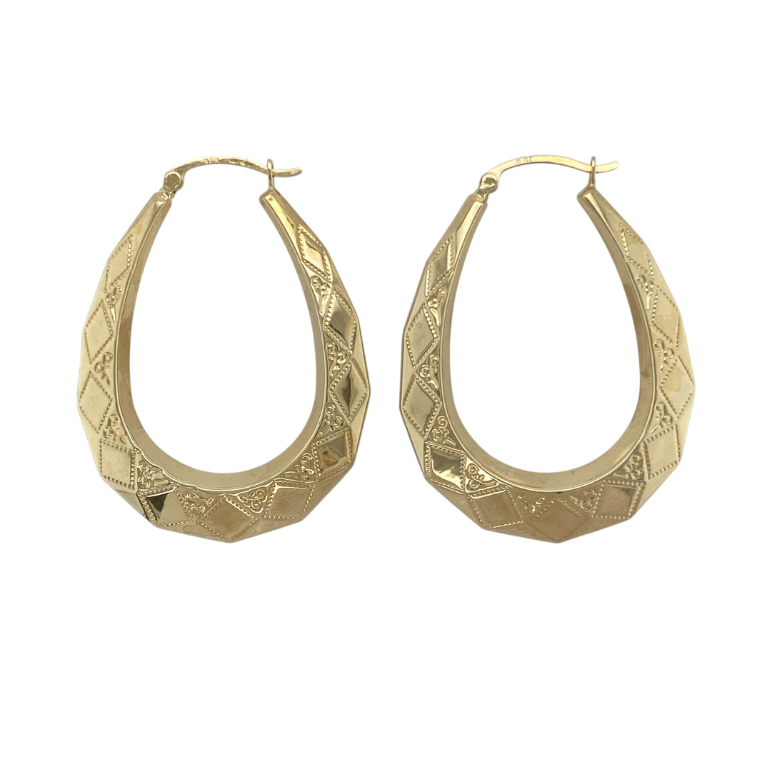 9ct Gold Patterned Oval Creole Earrings