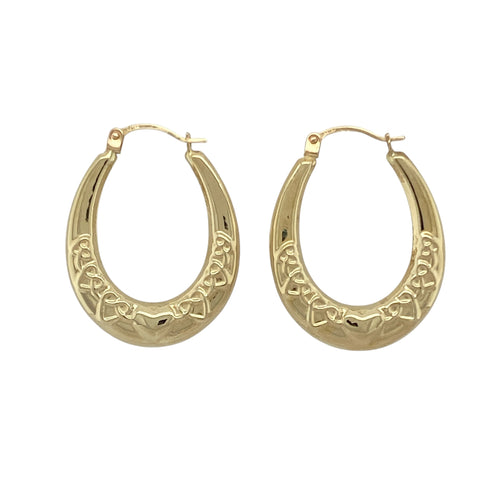 9ct Gold Heart Patterned Oval Creole Earrings