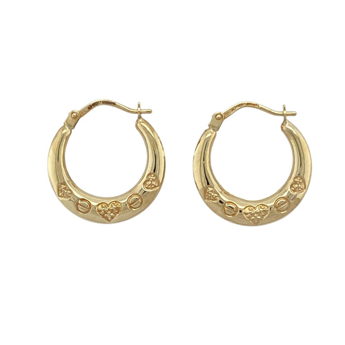 9ct Gold Heart Patterned Hoop Creole Earrings