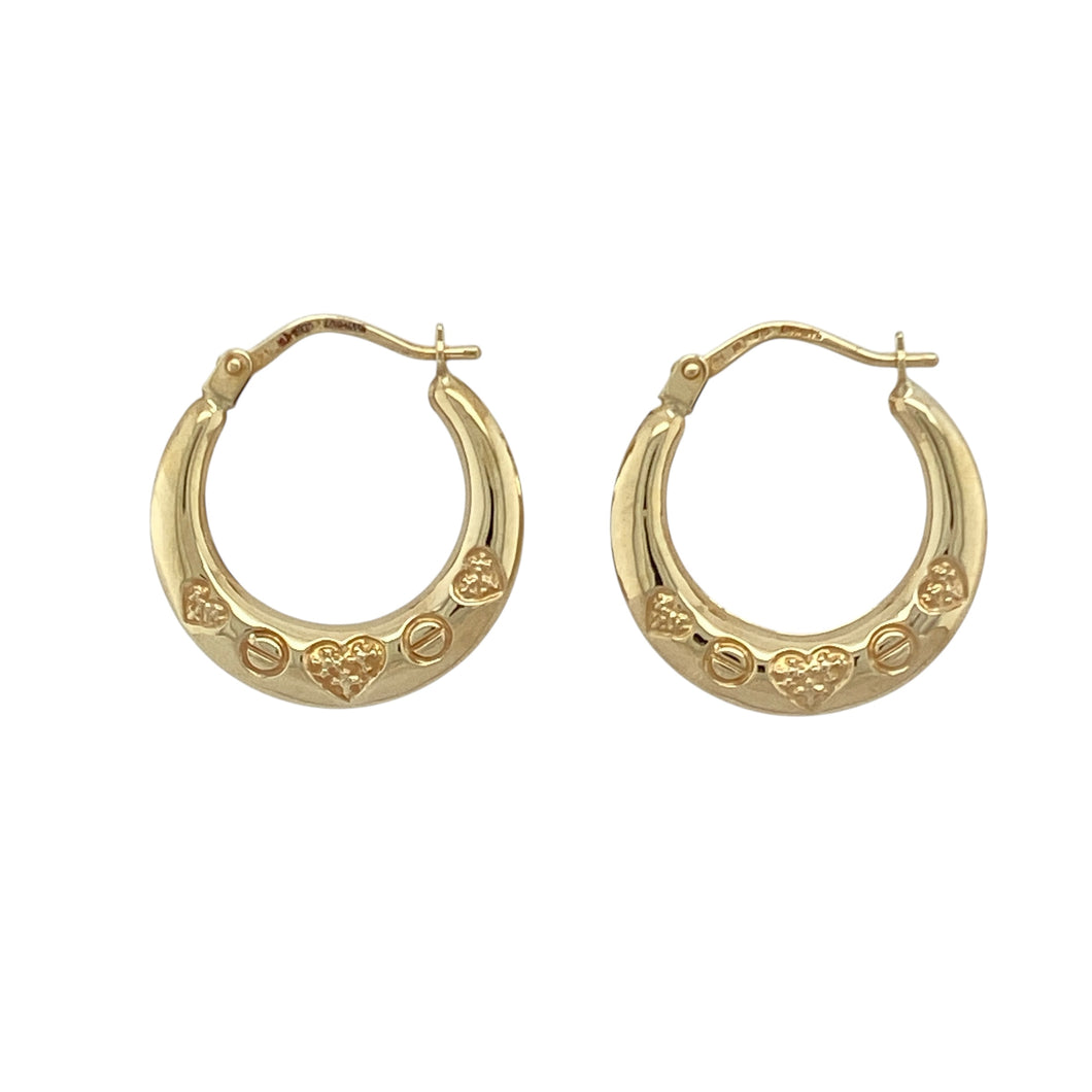 9ct Gold Heart Patterned Hoop Creole Earrings