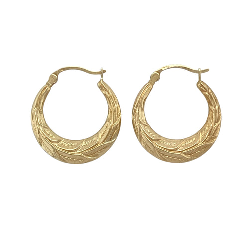 9ct Gold Leaf Patterned Hoop Creole Earrings
