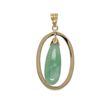 Load image into Gallery viewer, Add serene colour and elegant form to your collection with this pre-owned 14ct yellow gold and jade set oval pendant—perfect for timeless beauty with a natural touch.

Design: The pendant features a teardrop-shaped jade stone measuring 23mm by 8mm, set at the centre of a polished gold oval frame for a graceful and balanced design.
Material: Made from 14-carat yellow gold, the warm tones of the metal complement the soft green hue of the jade for a harmonious finish.

