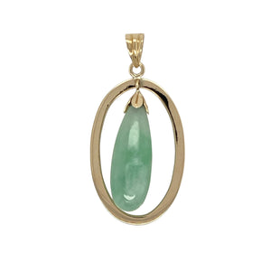 Add serene colour and elegant form to your collection with this pre-owned 14ct yellow gold and jade set oval pendant—perfect for timeless beauty with a natural touch.

Design: The pendant features a teardrop-shaped jade stone measuring 23mm by 8mm, set at the centre of a polished gold oval frame for a graceful and balanced design.
Material: Made from 14-carat yellow gold, the warm tones of the metal complement the soft green hue of the jade for a harmonious finish.
