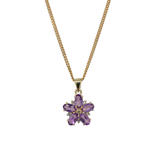 9ct Gold Diamond & Amethyst Set Flower 18