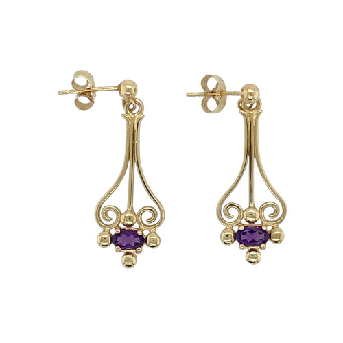 9ct Gold & Amethyst Set Fancy Drop Earrings