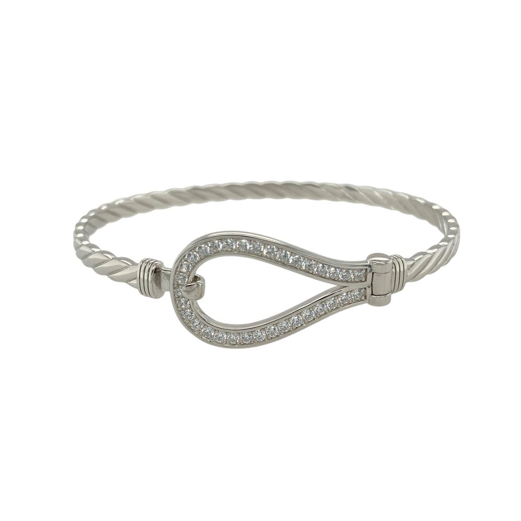 New Solid 925 Silver & Cubic Zirconia Horseshoe Twisted Bangle