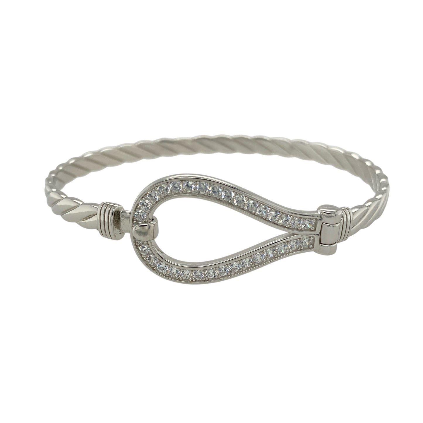 New Solid 925 Silver & Cubic Zirconia Horseshoe Twisted Bangle