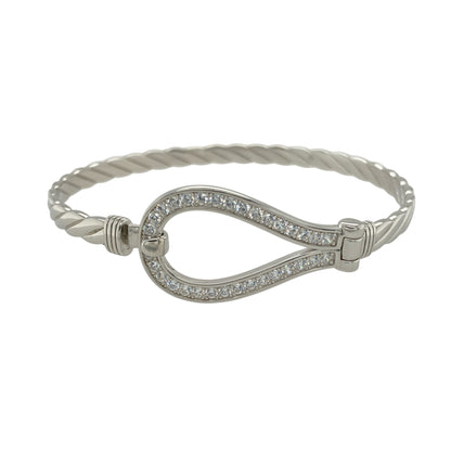 New Solid 925 Silver & Cubic Zirconia Horseshoe Twisted Bangle