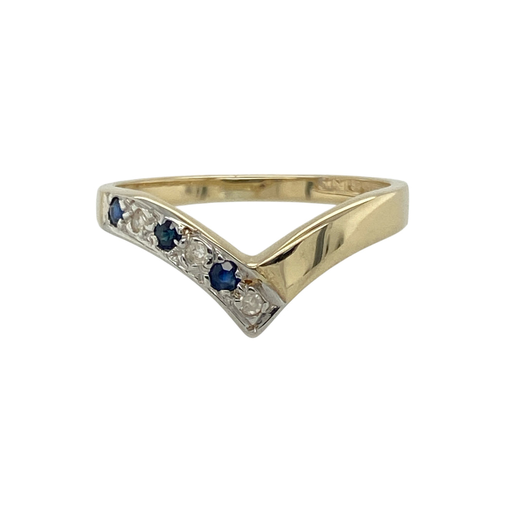 9ct Gold Diamond & Sapphire Set Wishbone Ring