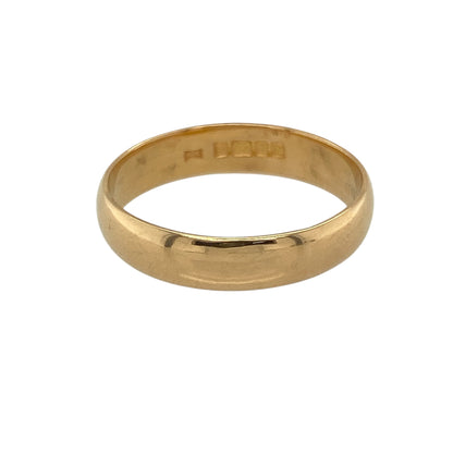 Bring rich tradition and timeless elegance to your collection with this pre-owned 22ct yellow gold wedding band ring—a classic symbol of enduring commitment.

Design: This ring features a smooth, polished 4mm wide band with a traditional rounded profile for a clean and elegant look.
Material: Made from 22-carat yellow gold, the high gold content gives the band a deep, warm hue and luxurious finish.
