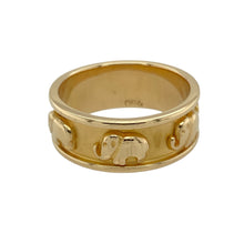 Load image into Gallery viewer, Celebrate strength, wisdom, and golden charm with this pre-owned 18ct yellow gold elephant band ring—an eye-catching piece with symbolic detail and luxurious weight.

Design: The 8mm wide band features six finely detailed elephants marching in a continuous circle, creating a powerful and meaningful motif.
Material: Made from 18-carat yellow gold, the rich polished finish brings out the intricate texture and warmth of the design.

