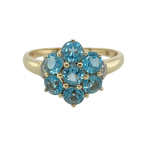 9ct Gold Diamond & Blue Topaz Set Flower Cluster Ring