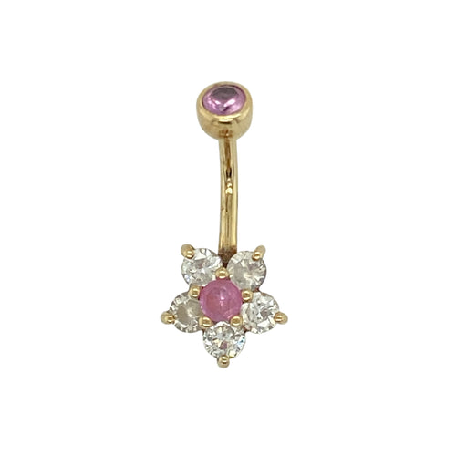 9ct Gold & Pink and White Cubic Zirconia Set Flower Belly Bar