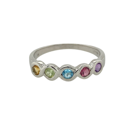 9ct White Gold & Multi Gemstone Wave Band Ring