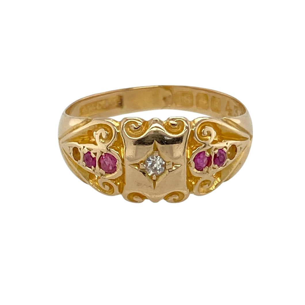 18ct Gold Diamond & Ruby Set Vintage Ring