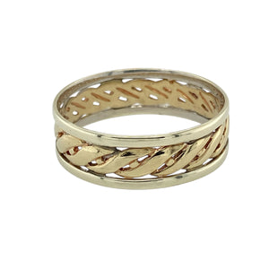 Bring symbolic charm and timeless design to your collection with this pre-owned 9ct yellow and white gold Celtic open weave band ring—a meaningful piece that combines tradition with refined style, perfect for everyday wear or as a special keepsake.

Design: This band showcases an intricate open weave Celtic pattern in contrasting yellow and white gold, creating a striking interplay of textures and tones across the 7mm wide band.
