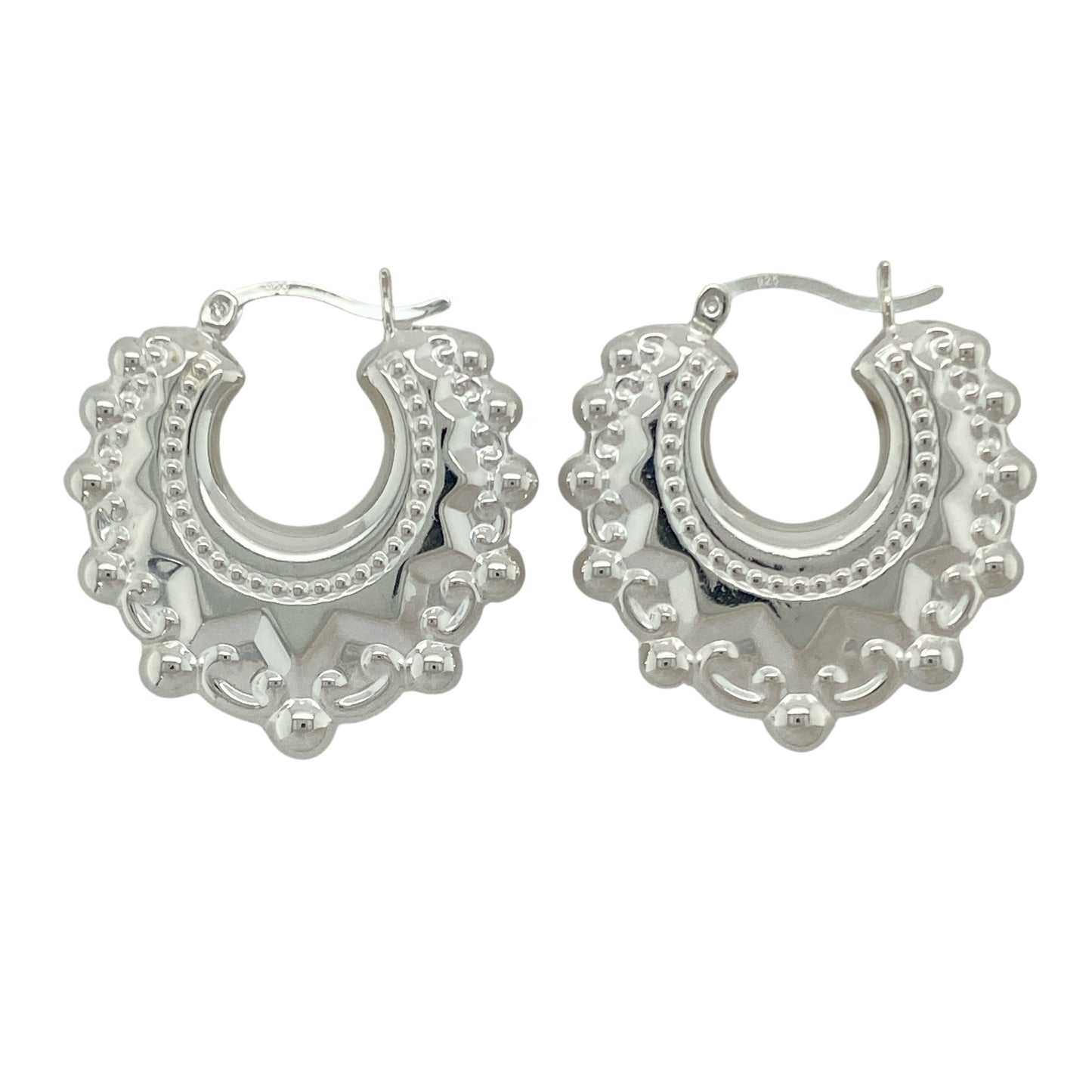 New 925 Silver Large Fancy Round Creole Earrings