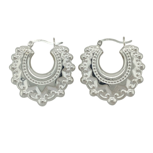 New 925 Silver Large Fancy Round Creole Earrings