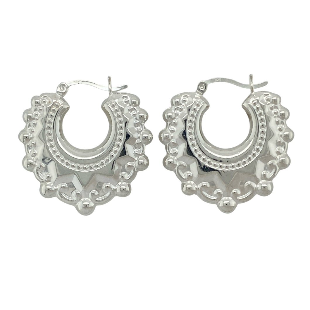 New 925 Silver Large Fancy Round Creole Earrings