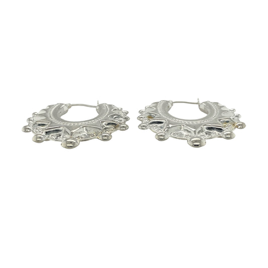 Bring bold sophistication and timeless shine to your collection with these new 925 silver large fancy round creole earrings, offering a striking design and elegant presence—perfect for making a standout statement.

Design: The earrings feature a large round creole style with a fancy, detailed finish, measuring approximately 39mm in diameter. Their graceful curves and intricate design create a stunning, eye-catching silhouette that elevates any look.
