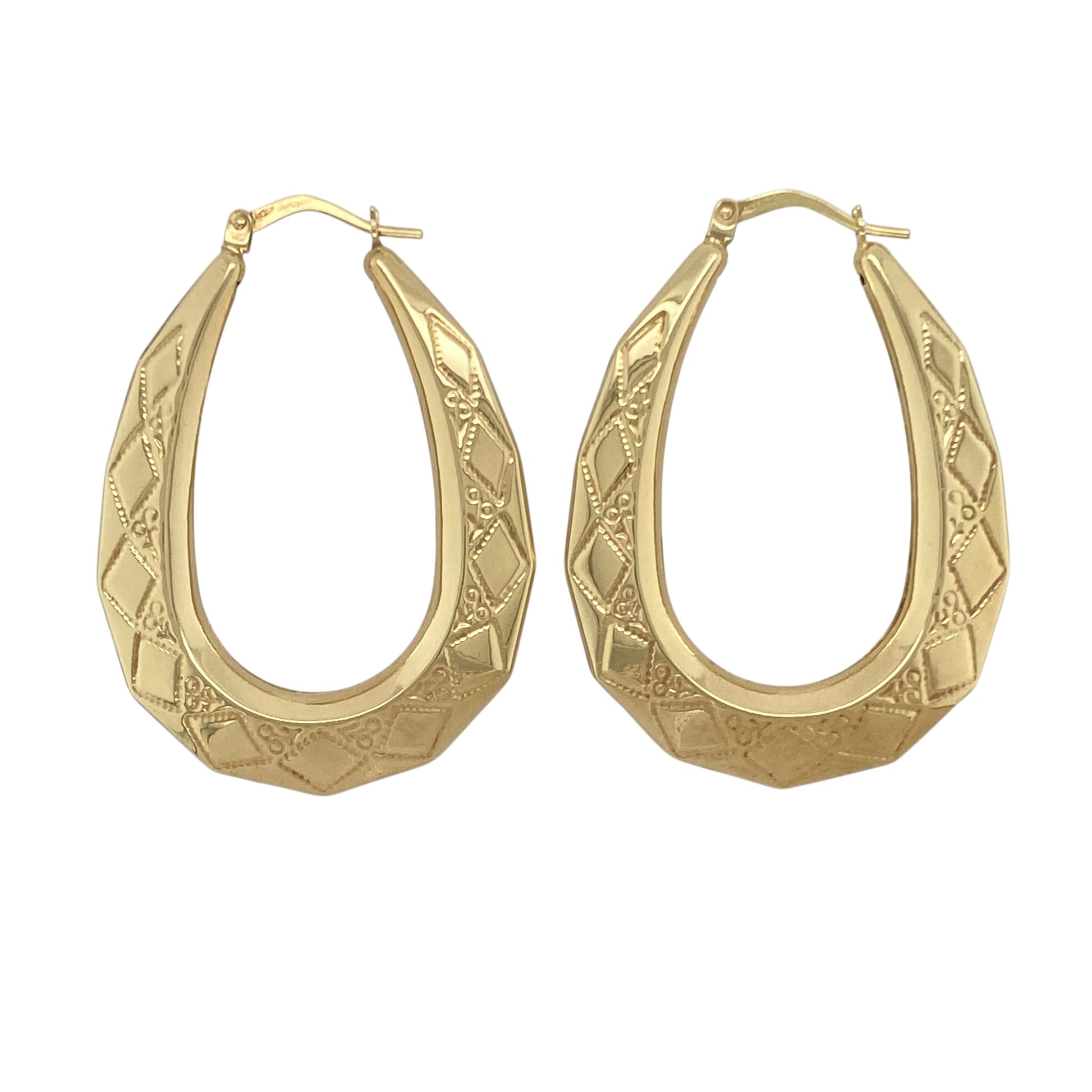 New 9ct Gold Patterned Oval Creole Earrings