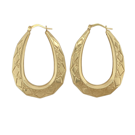 New 9ct Gold Patterned Oval Creole Earrings