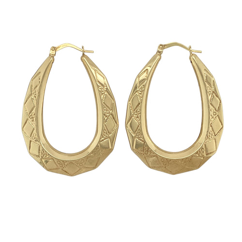 New 9ct Gold Patterned Oval Creole Earrings