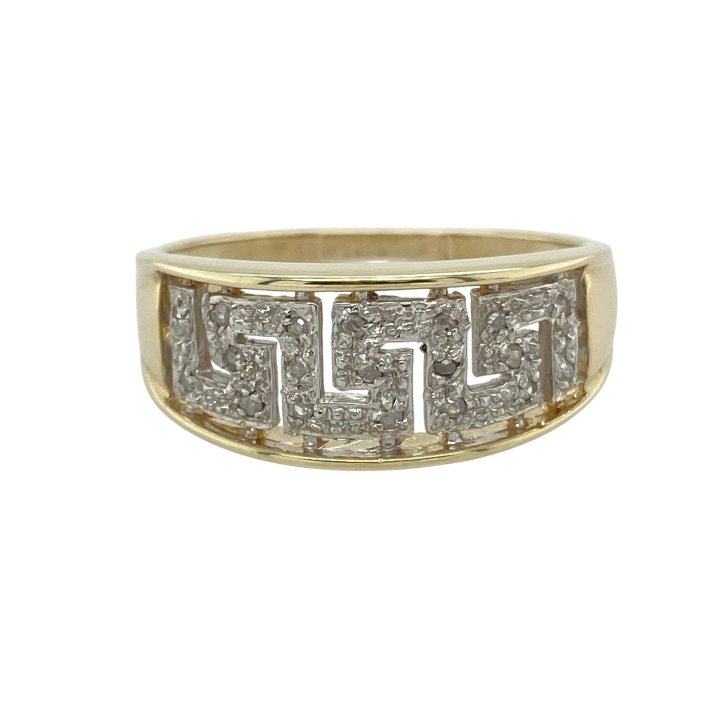 9ct Gold & Diamond Set Greek Key Wide Band Ring