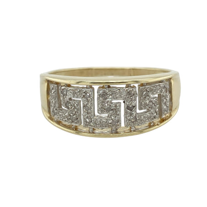 9ct Gold & Diamond Set Greek Key Wide Band Ring