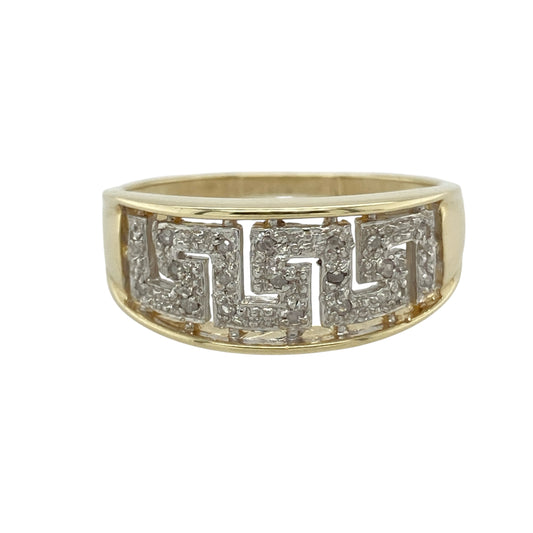 9ct Gold & Diamond Set Greek Key Wide Band Ring