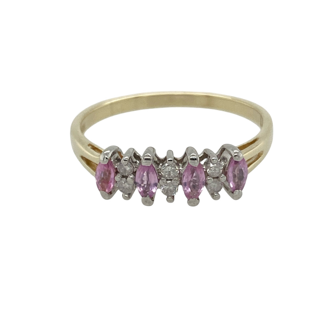 9ct Gold Diamond & Pink Stone Set Band Ring