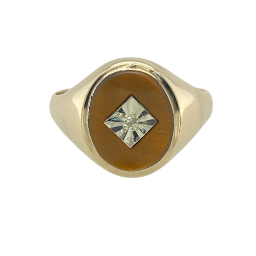 9ct Gold Diamond & Tiger's Eye Oval Signet Ring