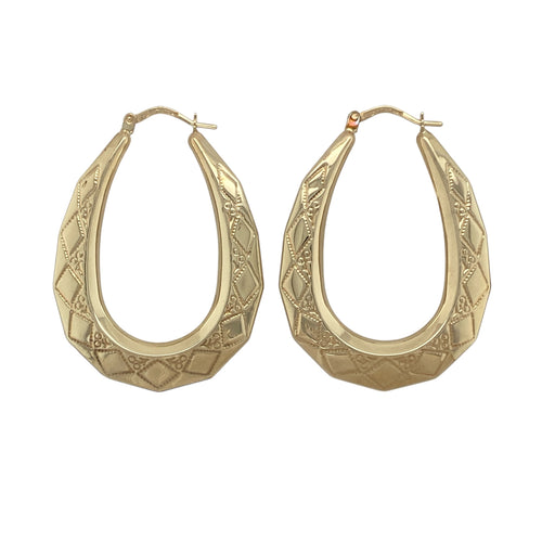 9ct Gold Large Patterned Oval Creole Earrings